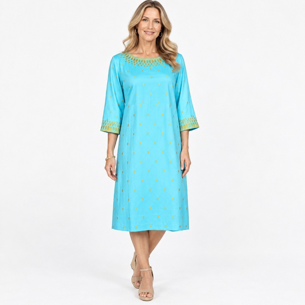 NWT Gretchen Scott Rocket Girl Dress L Turquoise Gold Embroidery Travel Timeless